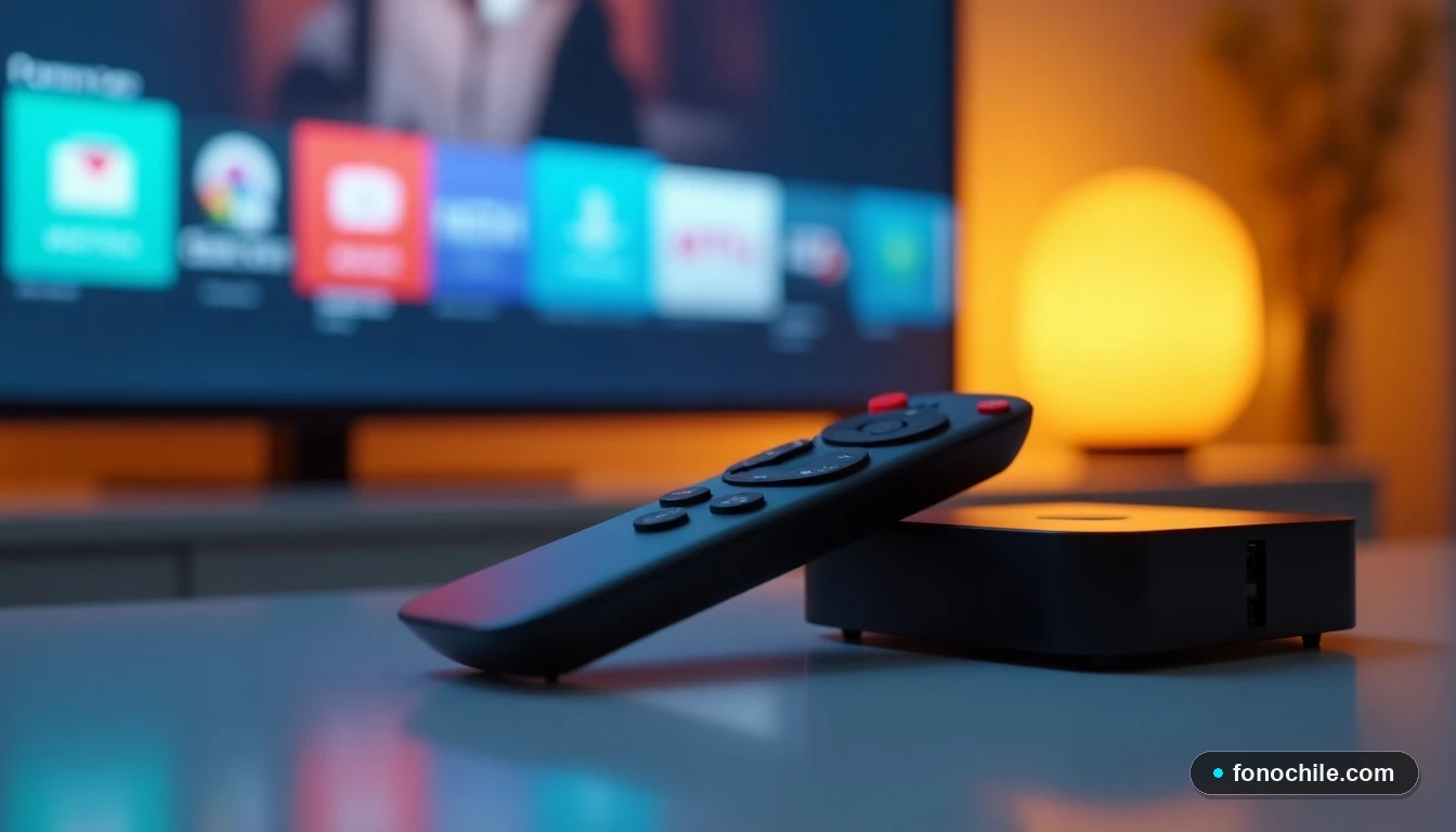 Detalle del control remoto y decodificador Claro TV en un moderno centro de entretenimiento.