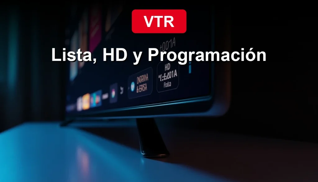 Guía de Canales VTR 2026 en una pantalla de televisión ultradelgada con lista de programación en un living moderno.
