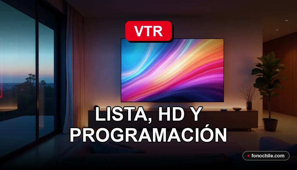 Guía completa de canales VTR 2026 mostrada en una pantalla de televisor moderna en un elegante salón contemporáneo.