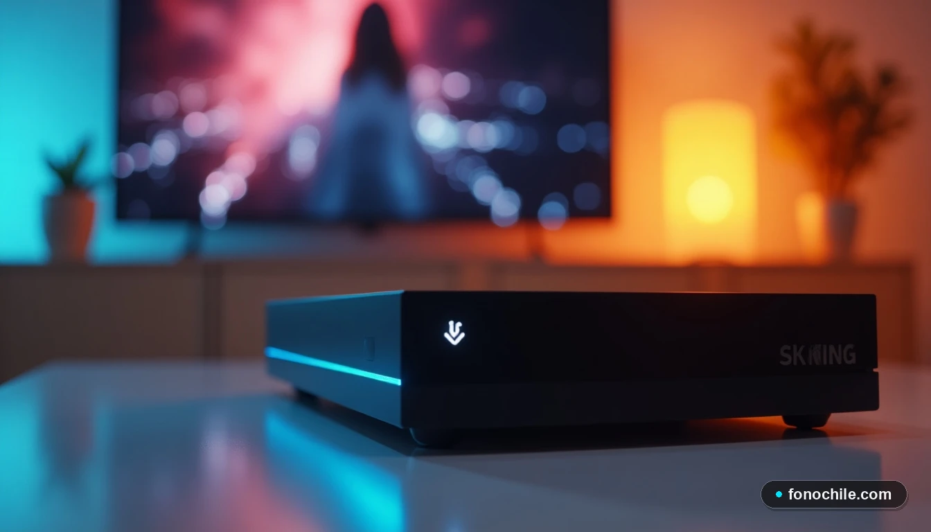 Primer plano de un decodificador VTR moderno y una consola de entretenimiento en un salón contemporáneo.