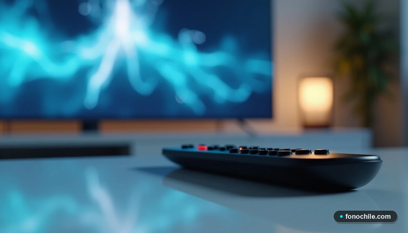 Control remoto de VTR y interfaz de televisión moderna en un entorno minimalista.