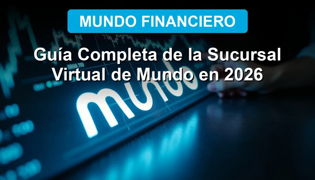 Interfaz futurista de la Sucursal Virtual Mundo 2026 en una pantalla holográfica flotante sobre un escritorio minimalista.