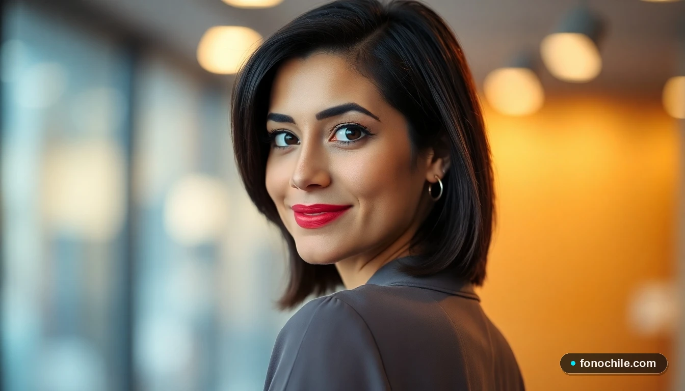 Mujer profesional sonriendo con confianza, representando el servicio al cliente accesible de la sucursal virtual de Mundo.