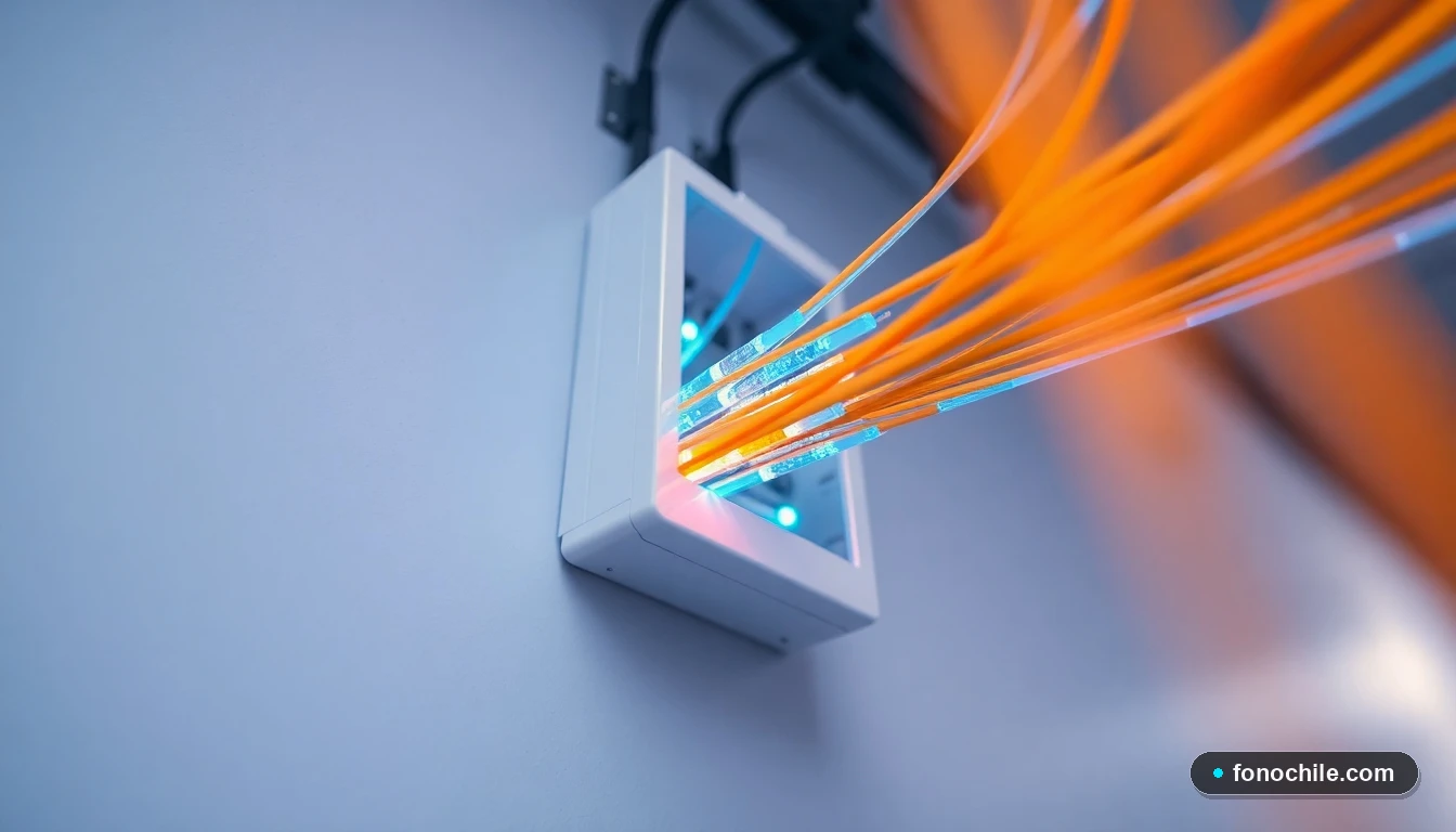 Detalle técnico de cables de fibra óptica de Movistar conectados a un modem moderno en una pared residencial.
