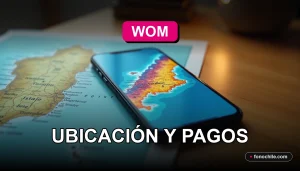 Guía de ubicaciones de sucursales WOM en la región de Magallanes, mostrando un mapa digital y un teléfono inteligente en una mesa.