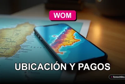 Guía de ubicaciones de sucursales WOM en la región de Magallanes, mostrando un mapa digital y un teléfono inteligente en una mesa.