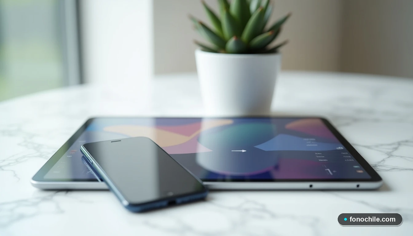 Dispositivos móviles mostrando una interfaz de servicios y pagos, junto a elementos de decoración en un entorno de oficina moderna.