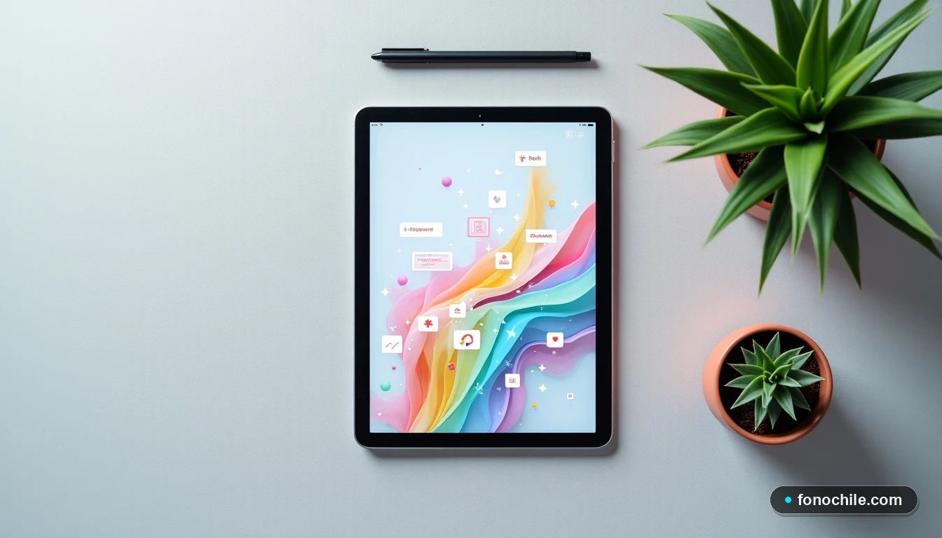 Tablet mostrando gráficos abstractos junto a elementos de oficina moderna, concepto de gestión de pagos digitales.