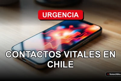 Guía de teléfonos de emergencia 2026 en Chile sobre fondo digital abstracto.