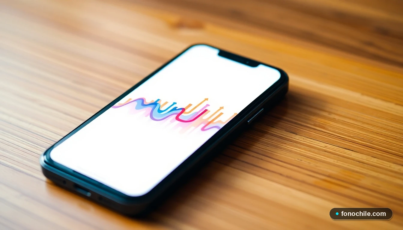 Gráfico abstracto de colores mostrando picos de llamadas de emergencia en la pantalla de un teléfono inteligente moderno.