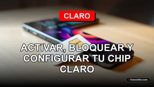 Chip SIM Claro moderno sobre una mesa de madera clara, con gráficos abstractos de colores brillantes en la pantalla de un teléfono inteligente.