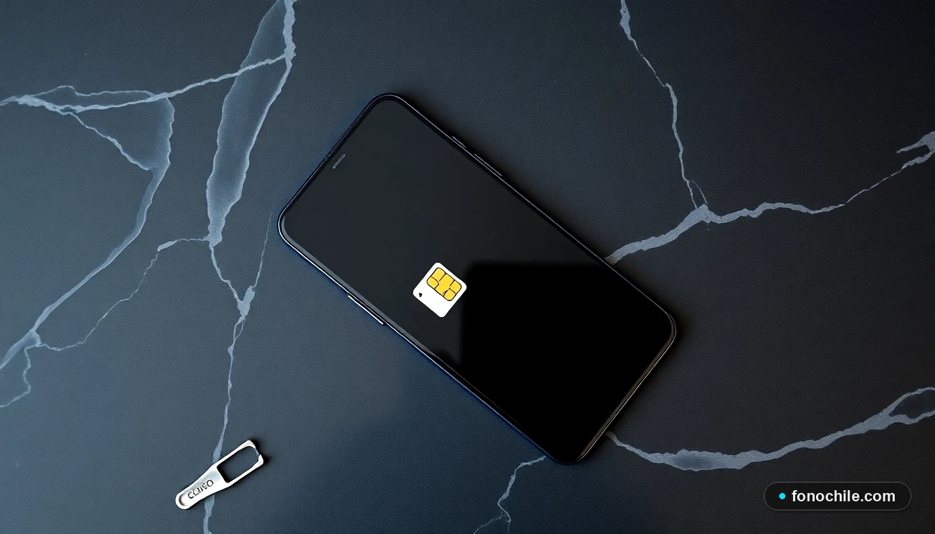 Vista superior de un teléfono inteligente y una herramienta de extracción junto a un chip SIM Claro, organizados sobre una superficie de mármol oscuro.