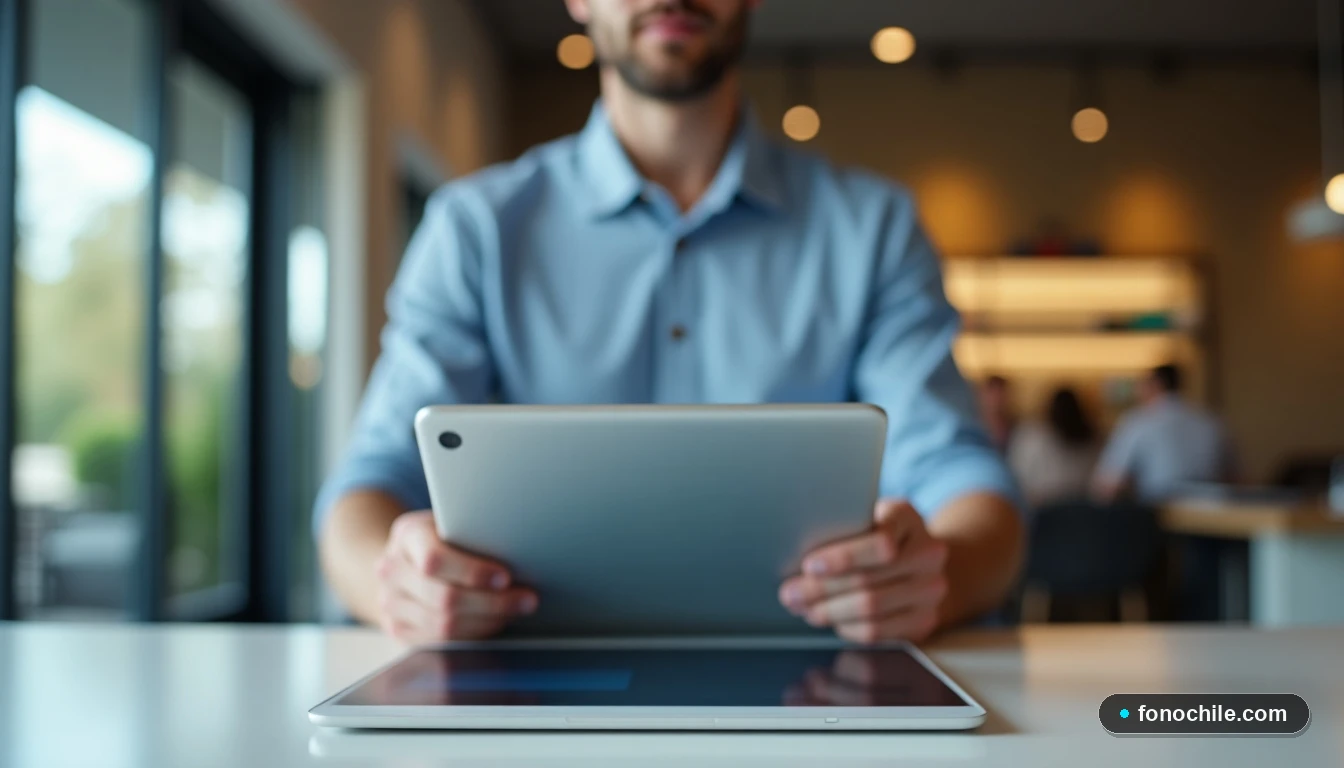 Perspectiva del cliente viendo una tablet con interfaz genérica mientras un agente de servicio espera para ayudar en el proceso de cancelación de VTR.