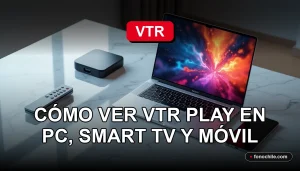 Guía para ver VTR Play en múltiples dispositivos, mostrando una computadora portátil, un teléfono y un control remoto sobre una mesa.
