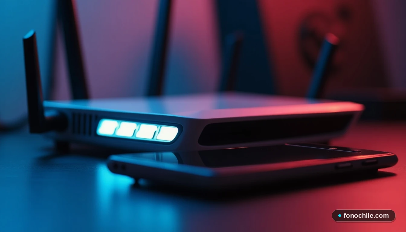 Primer plano de un router moderno con luz LED azul junto a un smartphone, mostrando detalles de diseño tecnológico.
