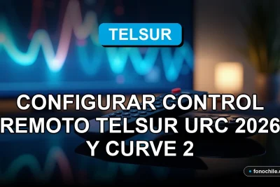 Configuración del control remoto Telsur URC 2026 y Curve 2 sobre una mesa moderna con gráficos abstractos en pantalla.
