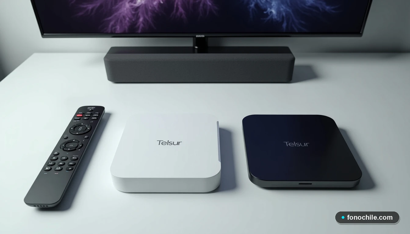 Vista superior de los controles remotos Telsur URC 2026 y Curve 2 junto a un decodificador moderno en una configuración de entretenimiento doméstico.