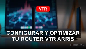 Router VTR Arris moderno en configuración doméstica, mostrando luces LED activas y gráficos abstractos de velocidad en una pantalla cercana.