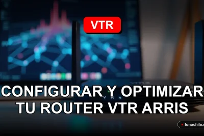 Router VTR Arris moderno en configuración doméstica, mostrando luces LED activas y gráficos abstractos de velocidad en una pantalla cercana.