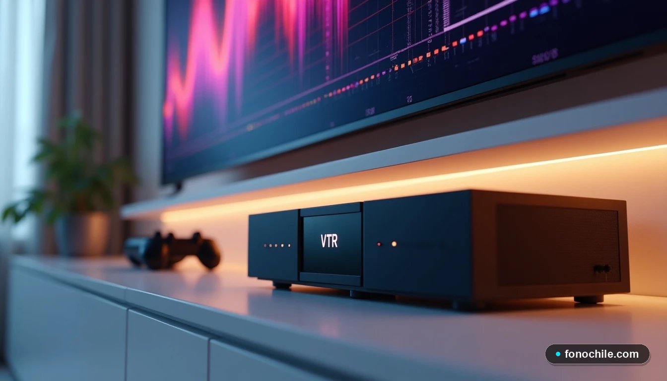 Vista amplia de un centro de entretenimiento moderno con el decodificador VTR d-BOX, una televisión y otros accesorios tecnológicos.