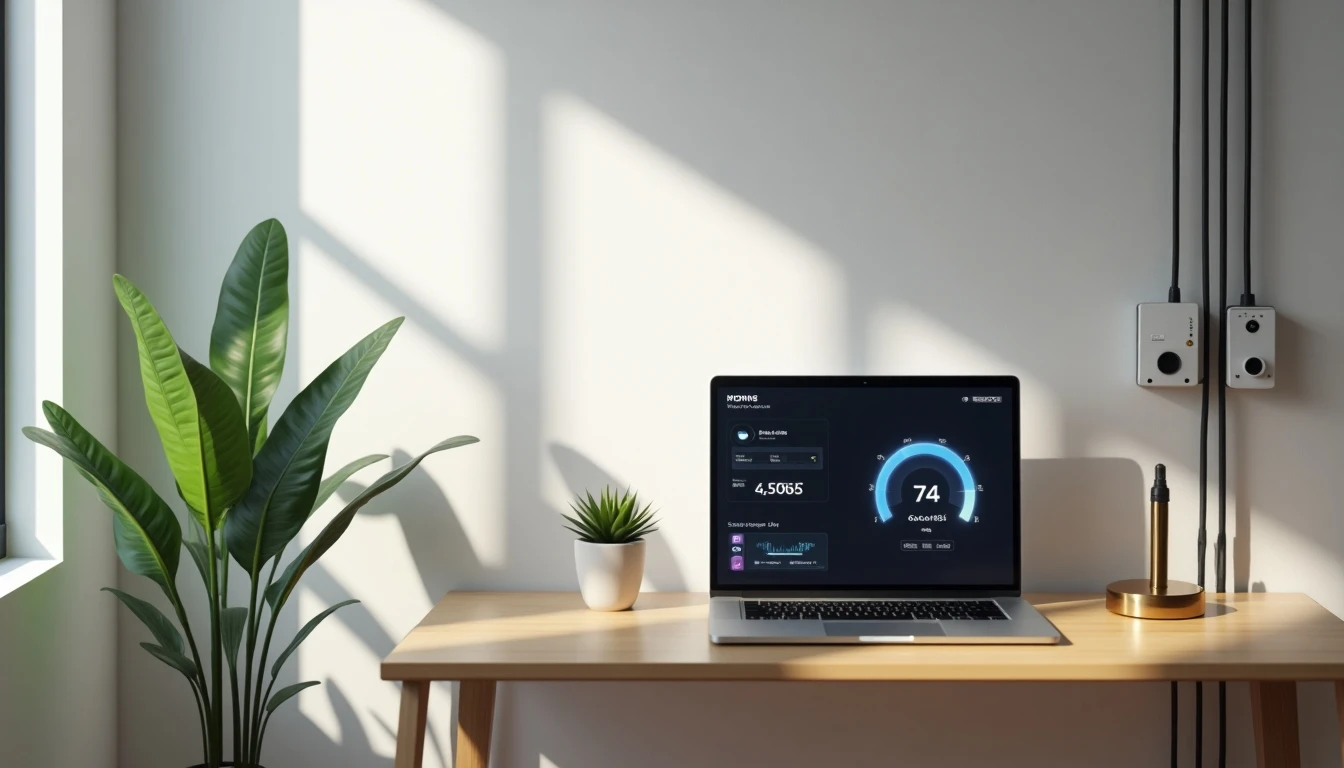 Home office moderno 2026 midiendo velocidad de internet fibra óptica