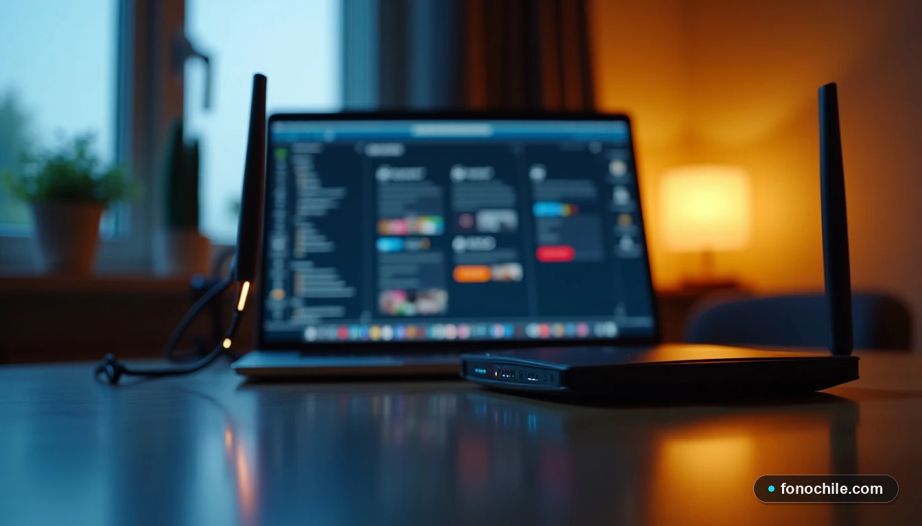 Vista amplia de una oficina en casa con un portátil y un router moderno sobre un escritorio, iluminado por luz natural y el brillo LED del dispositivo.