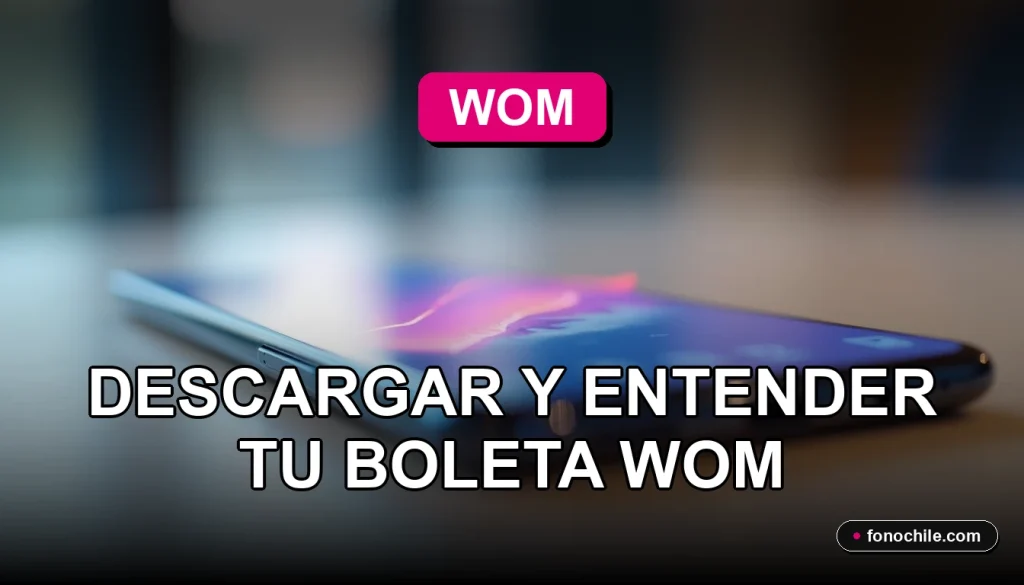 Boleta digital WOM 2026 mostrada en un teléfono inteligente moderno sobre una mesa de madera clara.