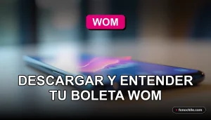 Boleta digital WOM 2026 mostrada en un teléfono inteligente moderno sobre una mesa de madera clara.