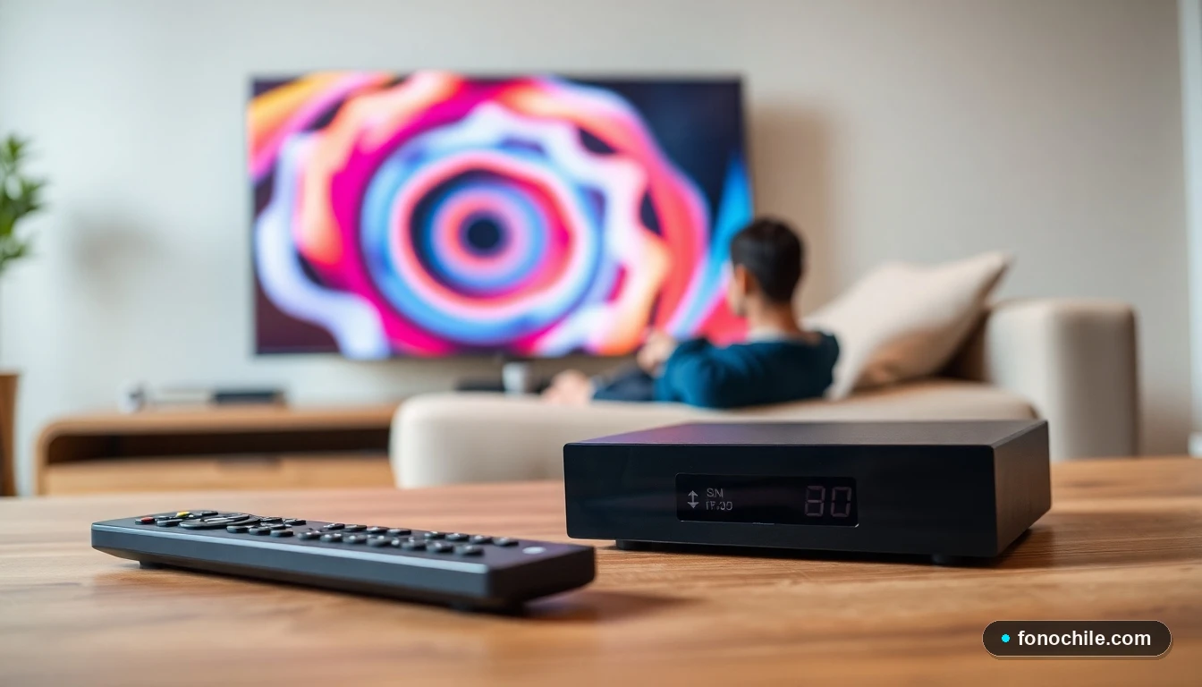 Decodificador de TV moderno sobre mesa de centro en un living chileno, mostrando interfaz abstracta en pantalla.