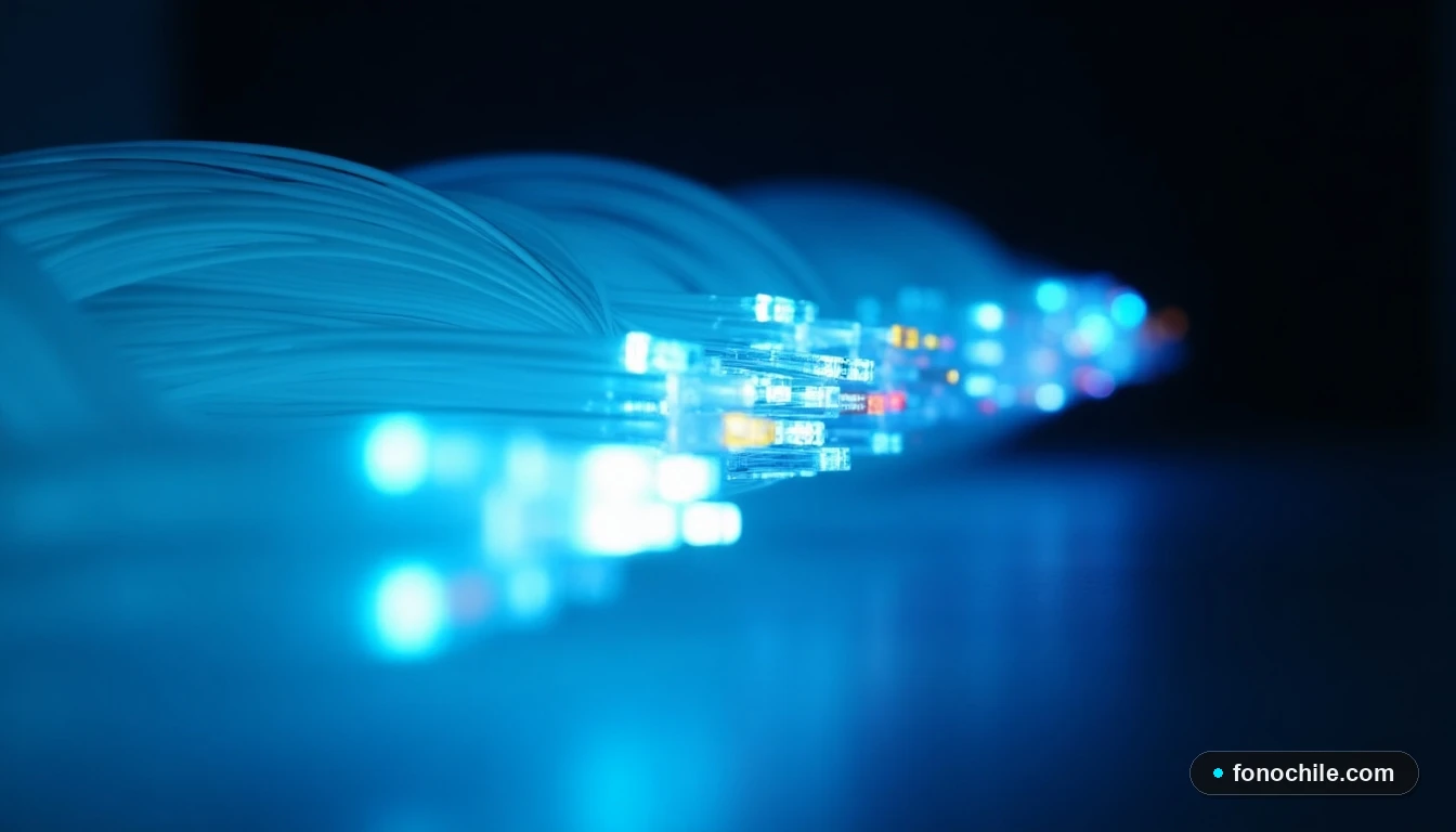 Detalle de cables de fibra óptica iluminados, representando la tecnología de alta velocidad para internet hogar.