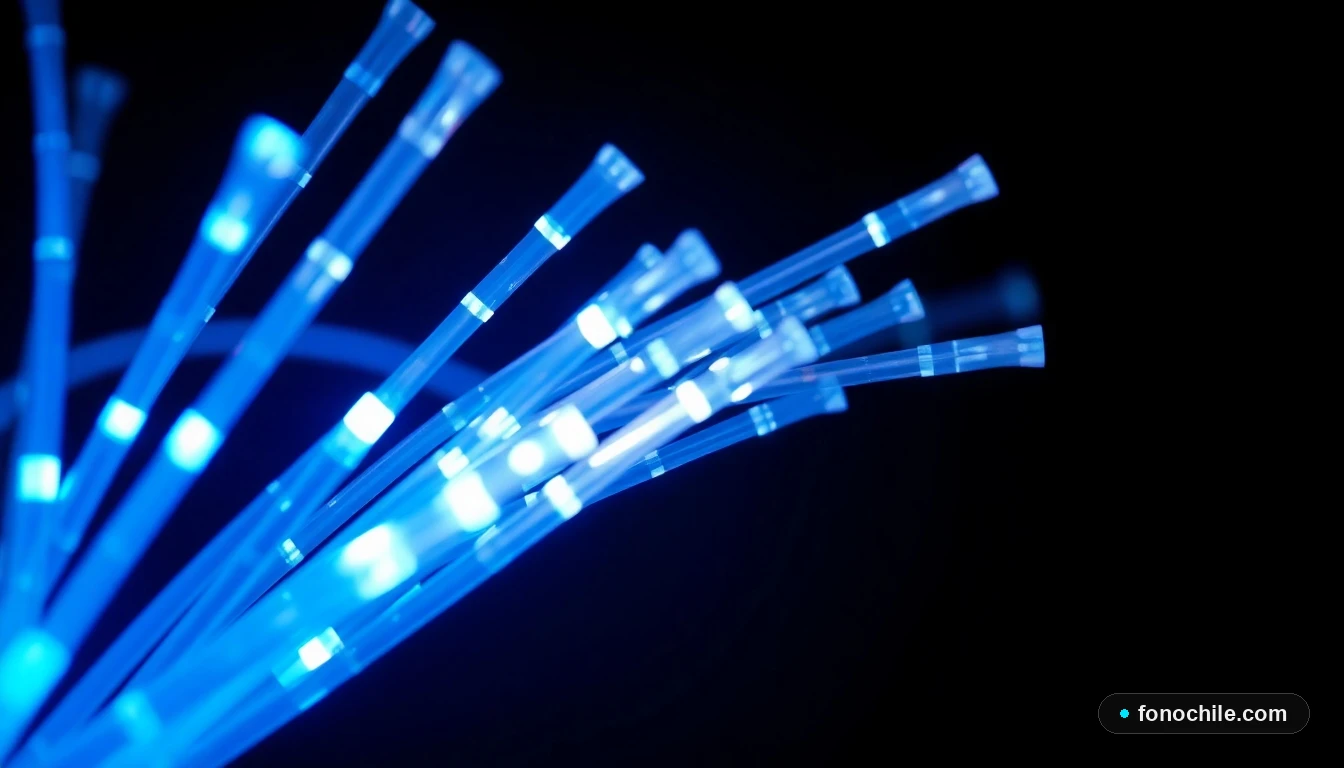 Primer plano detallado de cables de fibra óptica iluminados, representando internet de alta velocidad para el hogar.