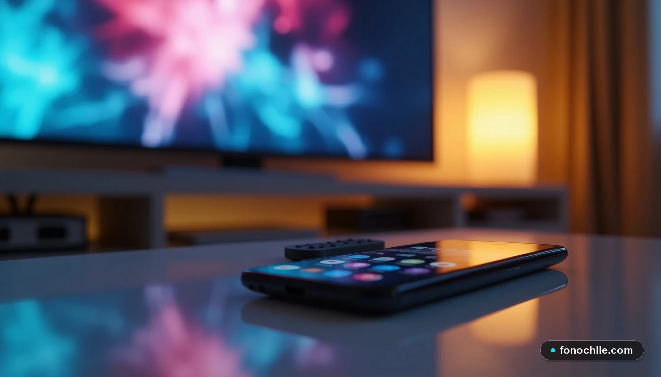 Primer plano de dispositivos de control y un smartphone en una mesa de centro moderna, con una pantalla de TV con gráficos abstractos al fondo.