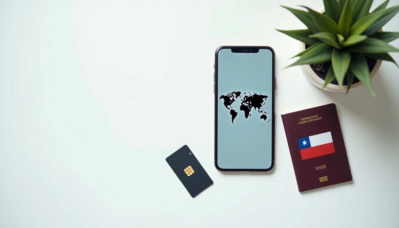 Smartphone con mapa mundial y SIM Claro para llamadas internacionales desde Chile