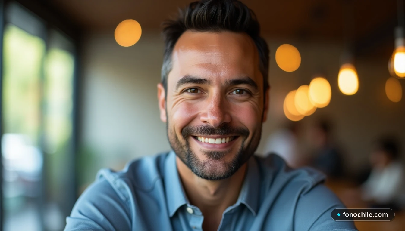 Hombre sonriendo con confianza mientras habla de servicios de telecomunicaciones Claro Chile.
