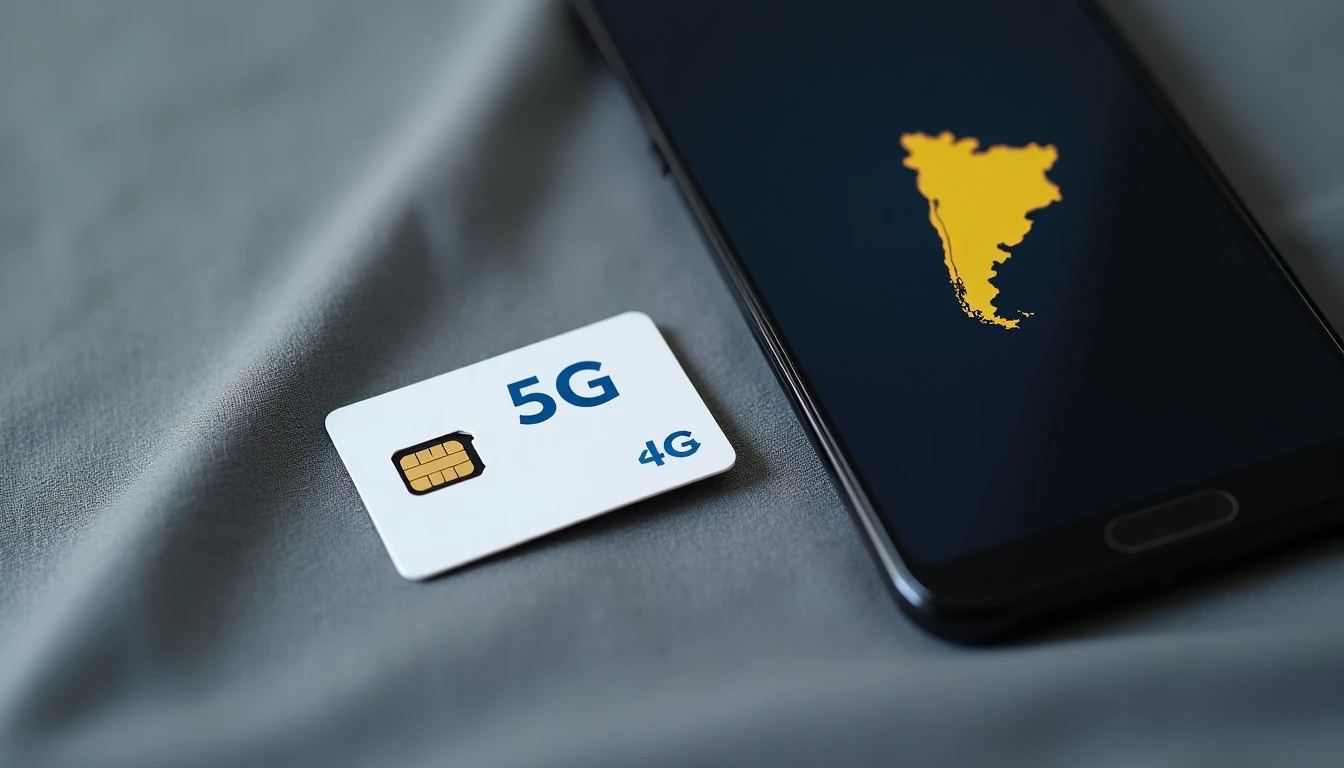 SIM card y smartphone con símbolo 5G sobre mapa de Chile - Planes internet móvil