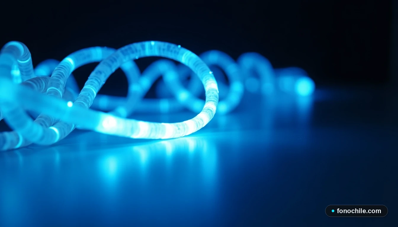 Primer plano abstracto de cables de fibra óptica iluminados, representando la velocidad y tecnología de internet móvil