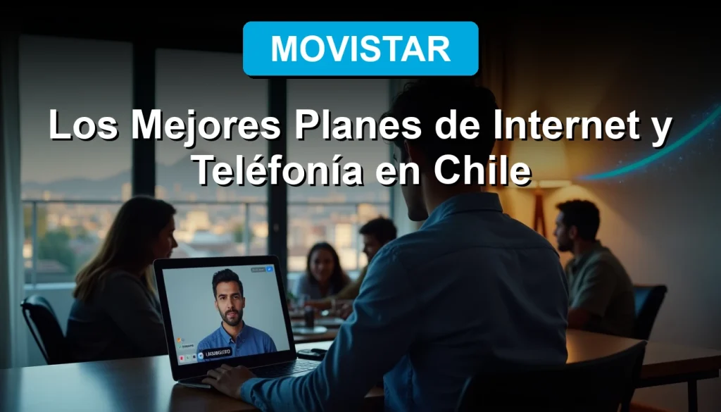 Joven profesional sonriente trabajando desde casa con laptop, conexión estable de fibra óptica Movistar en Santiago.