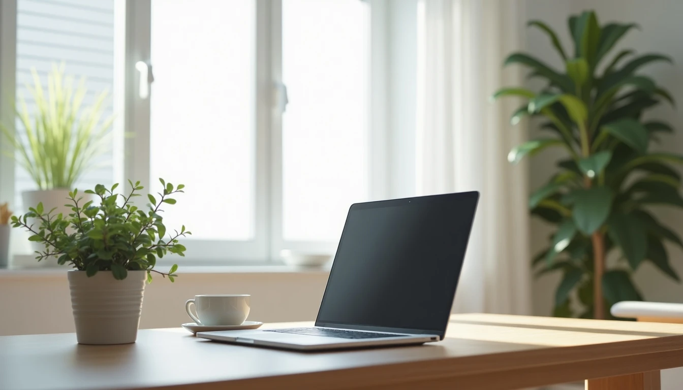 Espacio de trabajo moderno en Chile con laptop, representando conexión a internet de alta velocidad