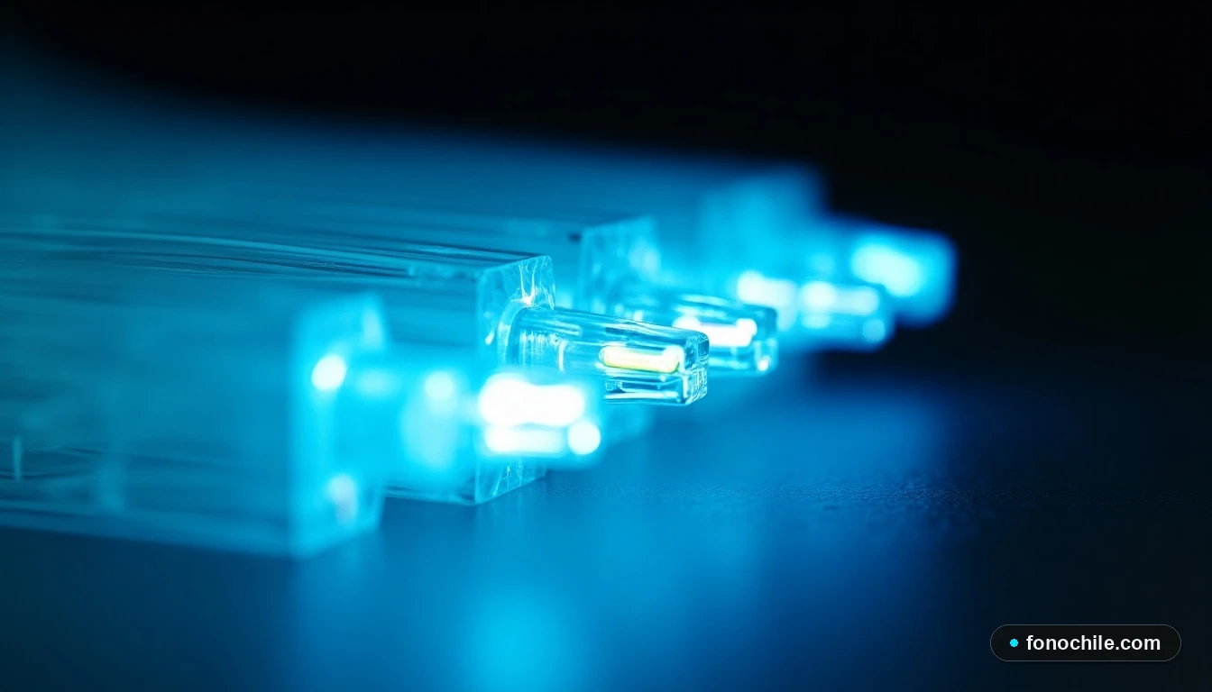 Detalle macro de cables de fibra óptica iluminados, representando velocidad y tecnología de internet de alta gama.