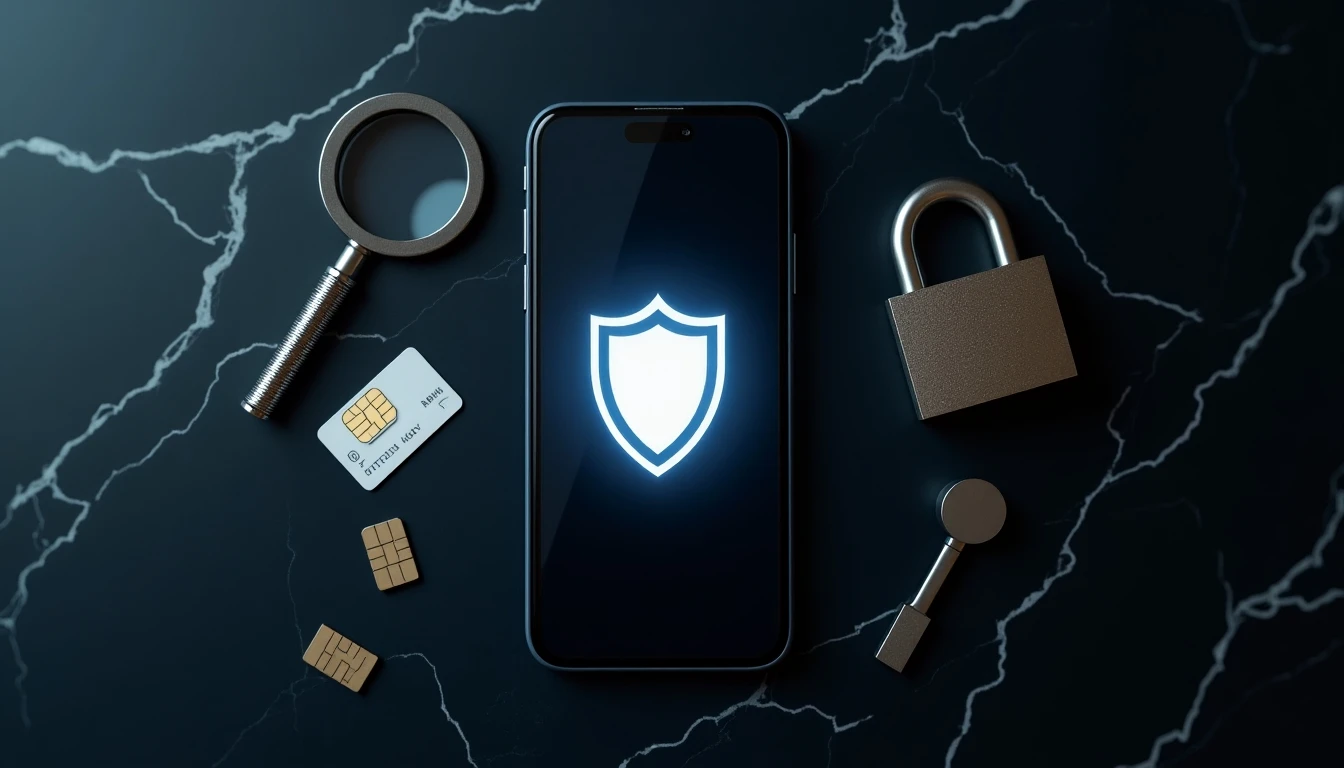 Concepto de seguridad para celular: teléfono con escudo digital, candado y herramientas de protección contra robos.