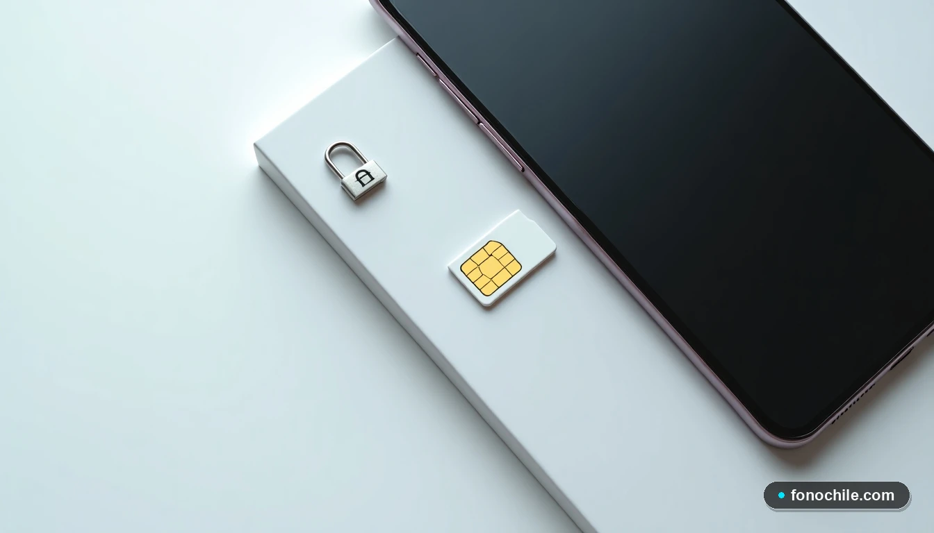 Trayectoria de tarjeta SIM extraída junto a un teléfono y un icono de candado, representando la protección del dispositivo.