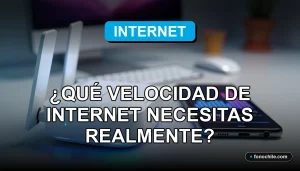 Guía de velocidad de internet 2026 con gráficos abstractos en una pantalla, junto a un router moderno sobre una mesa.