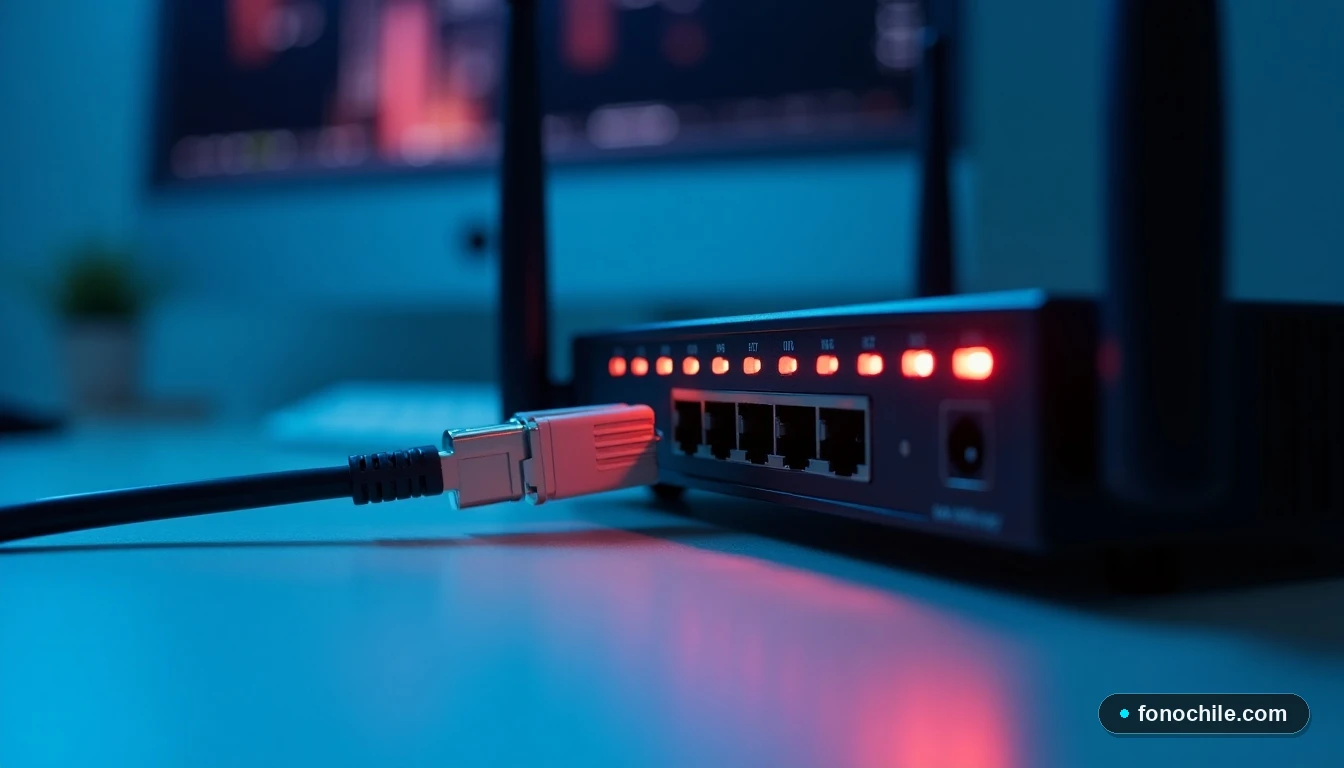 Detalle de un router moderno y conector de fibra óptica sobre una superficie minimalista.