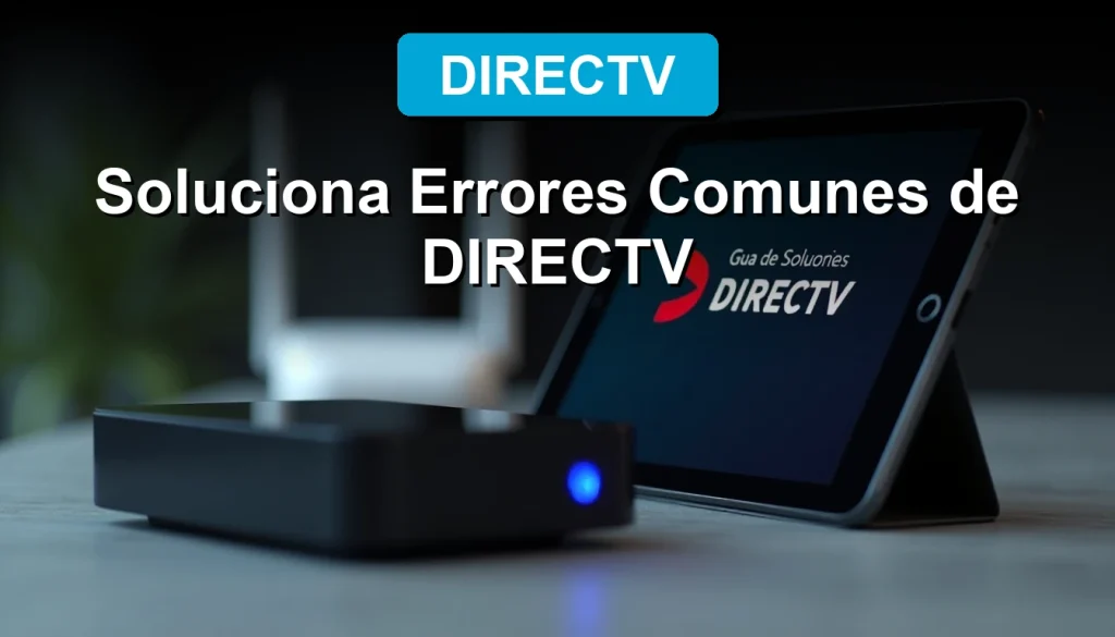 Una guía de solución de errores de DIRECTV abierta en una tablet moderna, con un router y un decodificador en un entorno doméstico elegante.