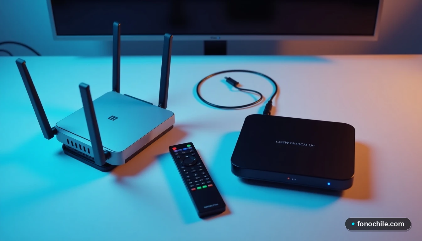 Vista superior de un decodificador DIRECTV, control remoto y router moderno organizados sobre una mesa, listos para la solución de problemas.