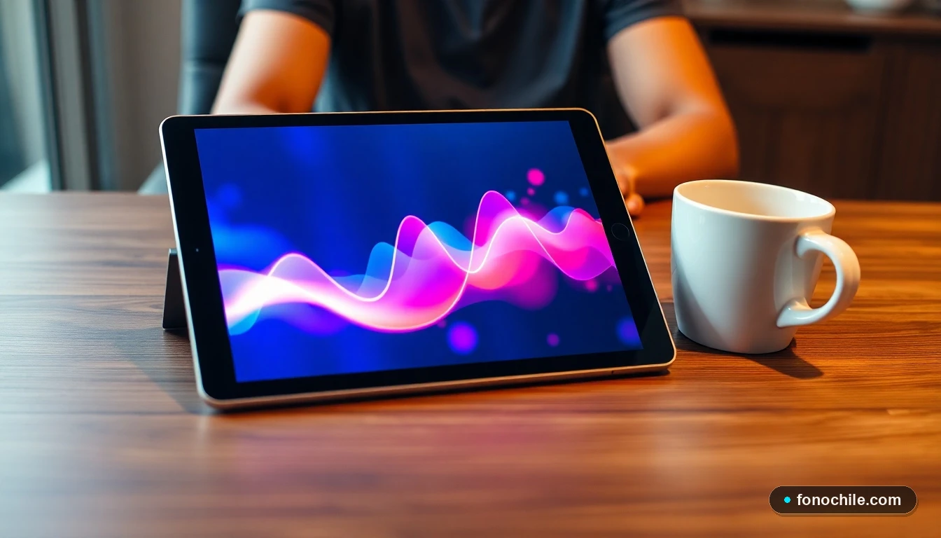 Gráfico abstracto de señal de red 5G mostrando intensidad y calidad de conexión en una tableta sobre una mesa.