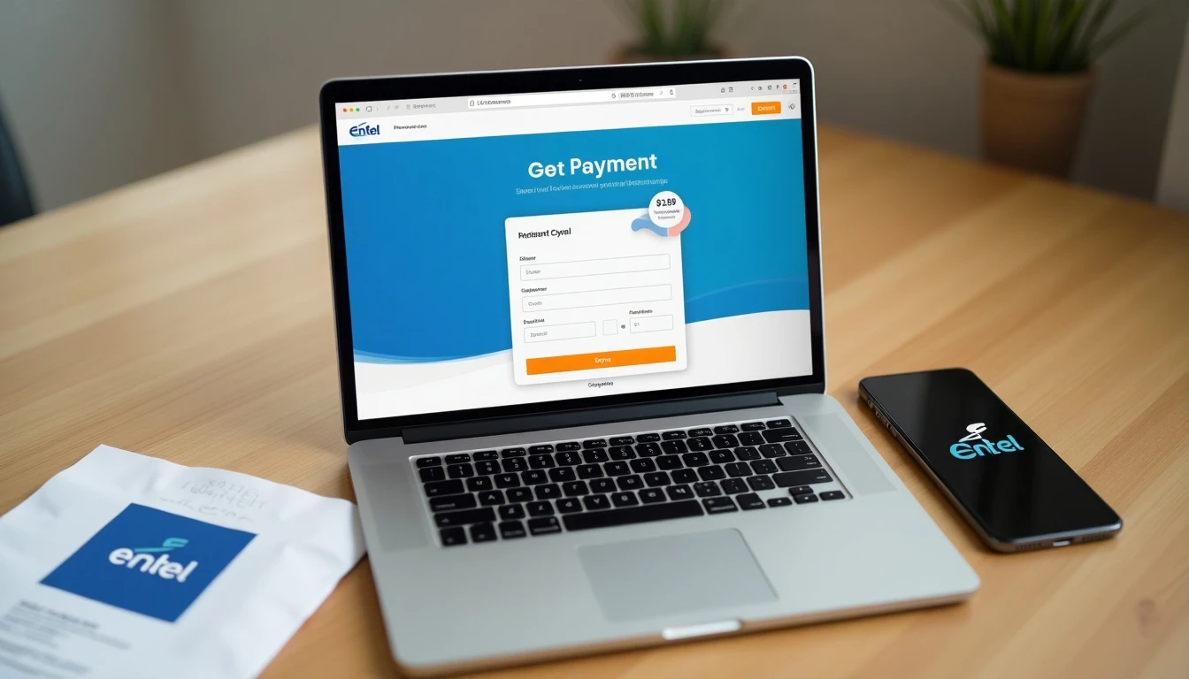 Guía visual para pagar Entel: métodos online en laptop, app móvil y tarjeta.