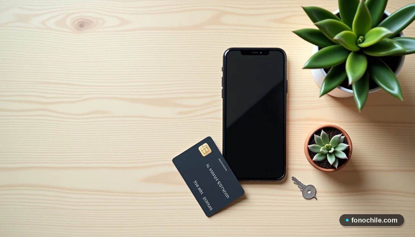 Métodos de pago para Entel: teléfono y tarjeta de crédito en disposición plana sobre una mesa de madera.