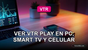 VTR Play streaming en múltiples dispositivos modernos sobre una mesa de madera clara.