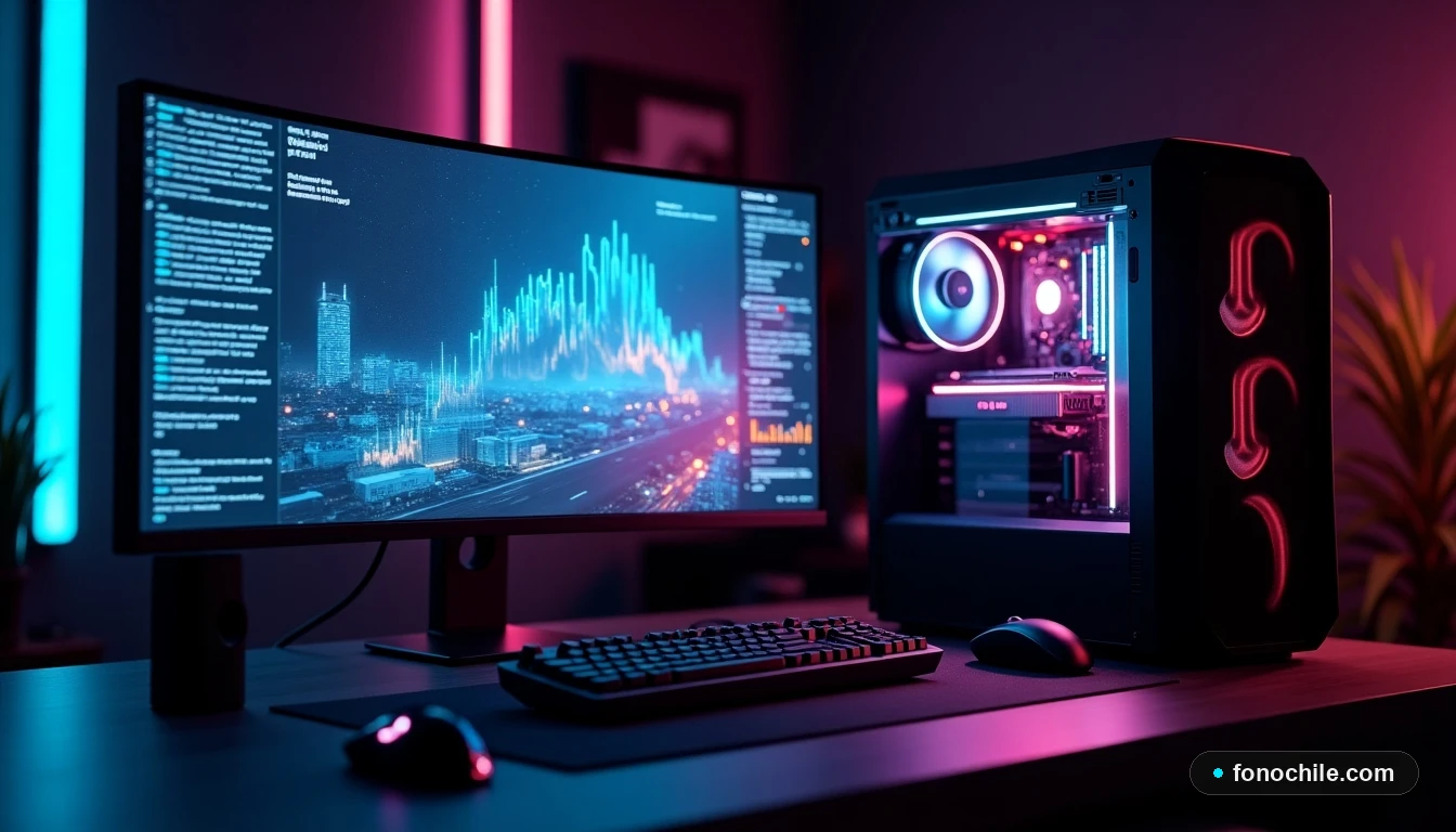 Setup de PC gamer moderno con iluminación ambiental, mostrando gráficos abstractos en un monitor curvo.
